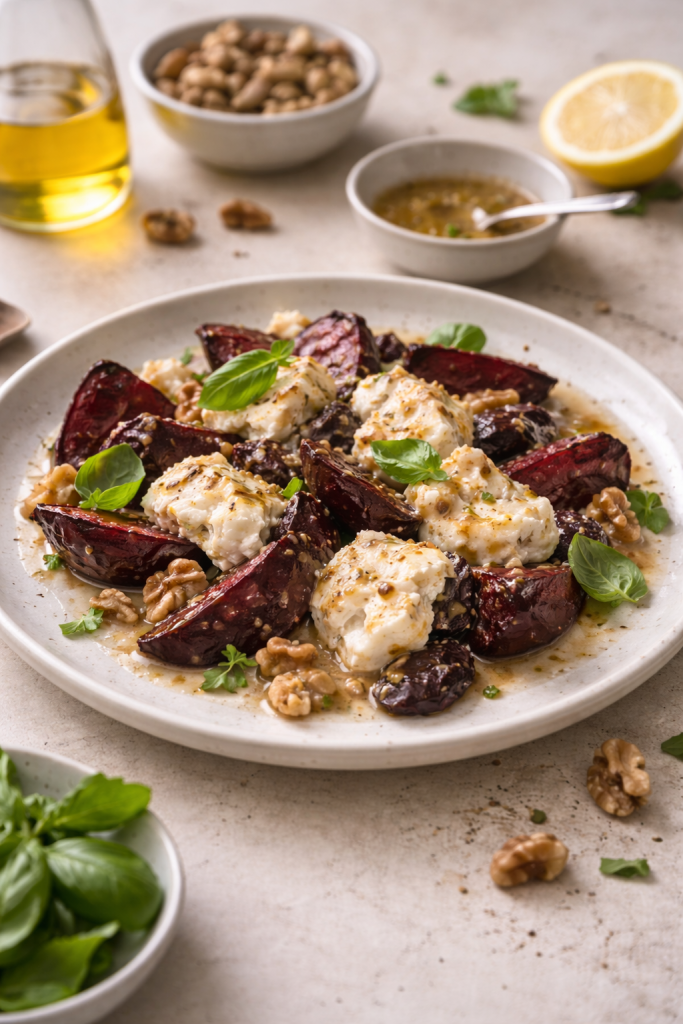 Roasted beet wedges served with torn burrata and mustard dressing on a plate in natural daylight.