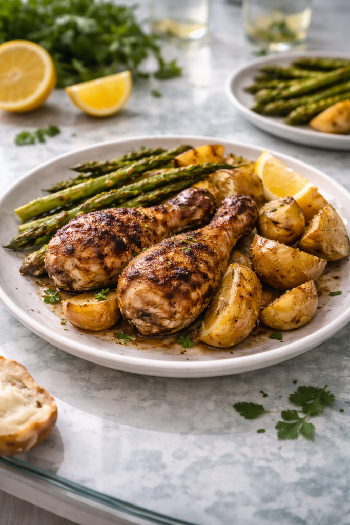 Roasted chicken with potatoes and asparagus served on a simple plate in natural light