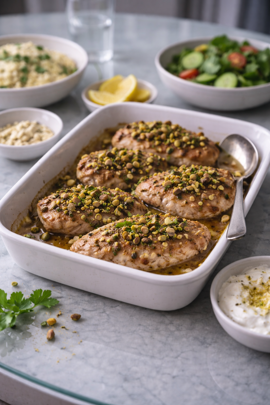 Roasted chicken pieces topped with chopped pistachios served in a simple baking dish