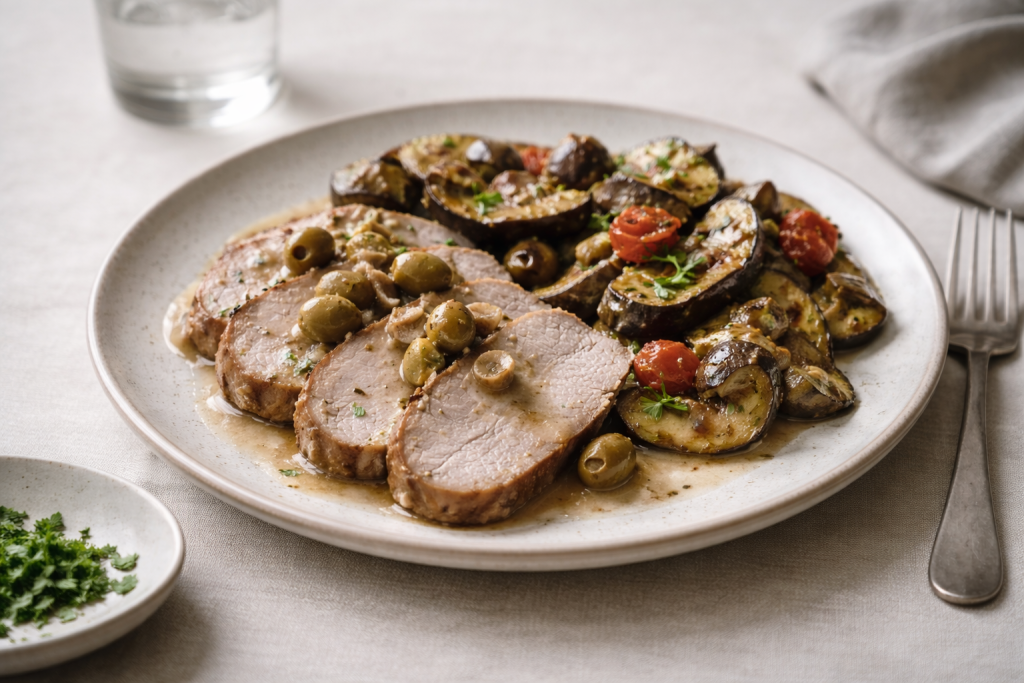 Roasted pork loin with olives served with grilled eggplant salad on a ceramic plate