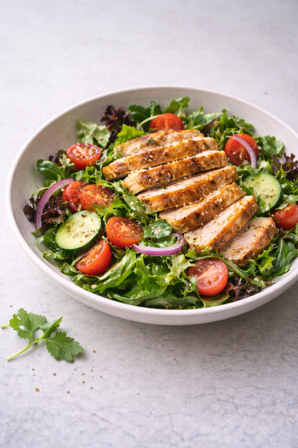 Fresh salad with roasted chicken, vegetables, and light homemade dressing