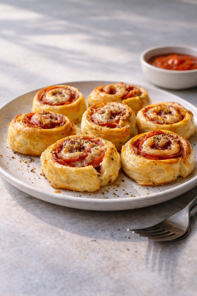 Savory salami puff pastry rolls served as a quick snack made from a few basic ingredients