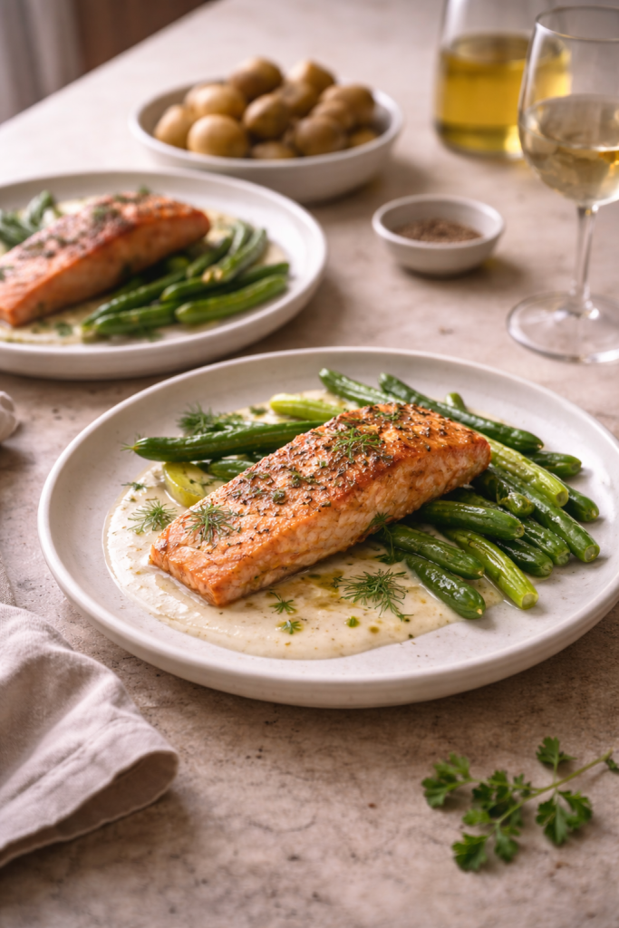 Plated salmon dinner for two with lemon cream sauce and green vegetables, served in natural daylight.