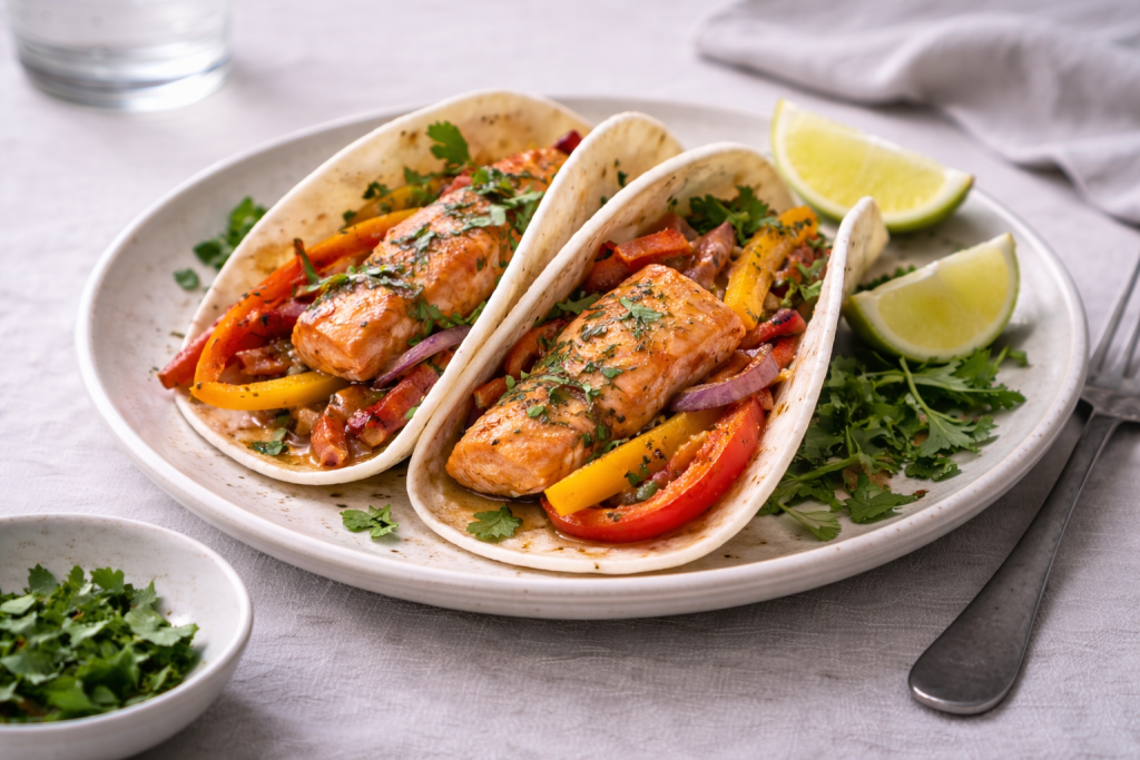 Salmon fajitas served on a ceramic plate with sautéed peppers and onions, wrapped in warm tortillas, photographed in natural daylight