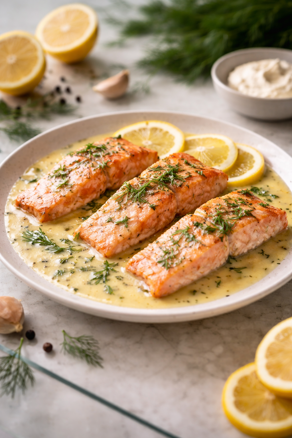 Pan-cooked salmon served in a creamy lemon sauce with fresh herbs