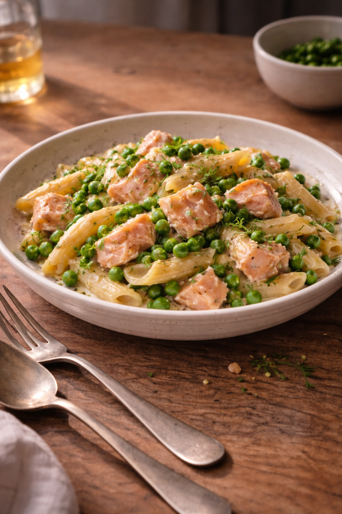 Pasta with salmon pieces and green peas served simply on a ceramic plate