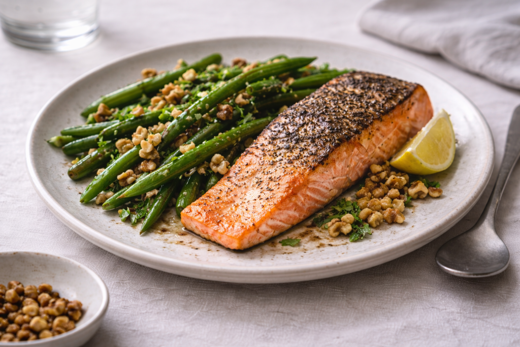 Pan-seared salmon trout with walnut green beans served on a ceramic plate