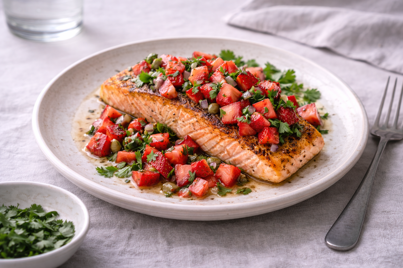 Pan-seared salmon fillet topped with fresh strawberry salsa on a ceramic plate, softly lit with natural daylight.
