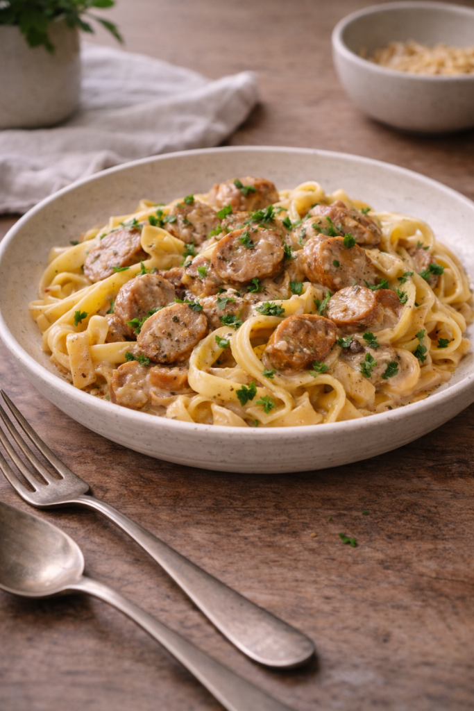 Tagliatelle pasta with creamy sausage stroganoff sauce served on a ceramic plate