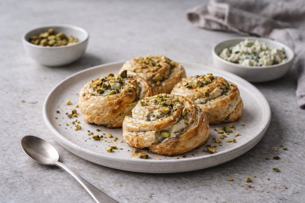 Savory puff pastry swirls with blue cheese, creamy filling, and pistachios served on a neutral plate in natural light