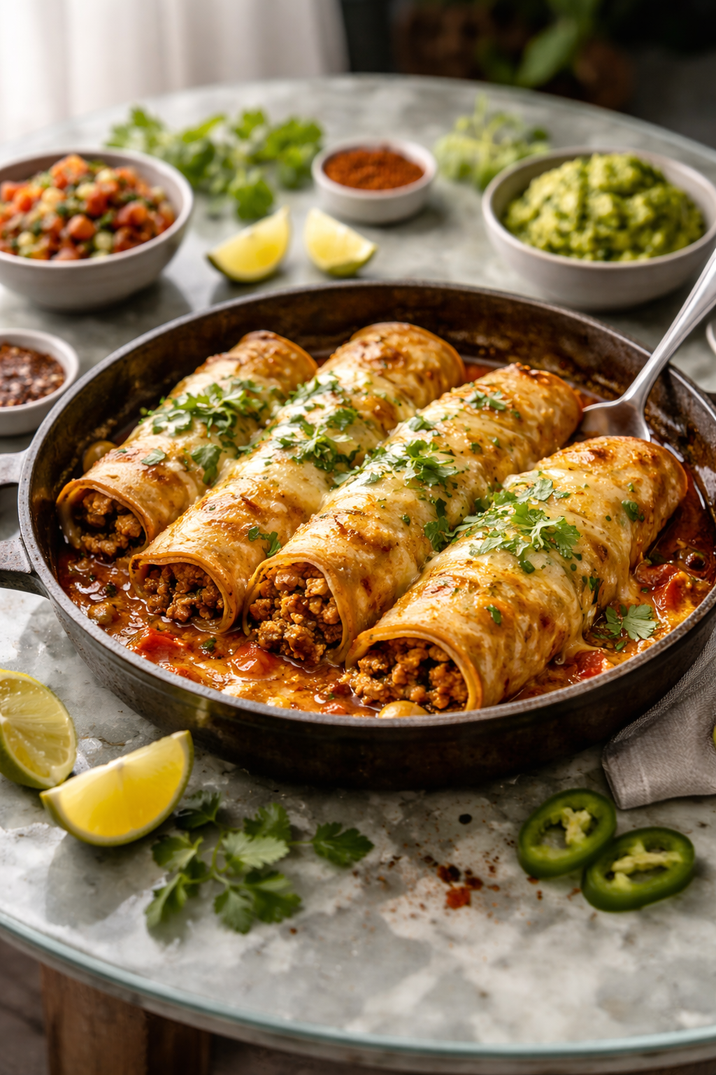 Savory crepes filled with spiced meat and tomato sauce, served warm in a skillet