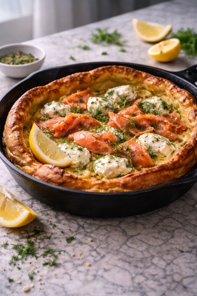 Savory Dutch baby pancake with smoked salmon and cream cheese served straight from the oven, golden and puffed, topped with fresh herbs on a rustic table.