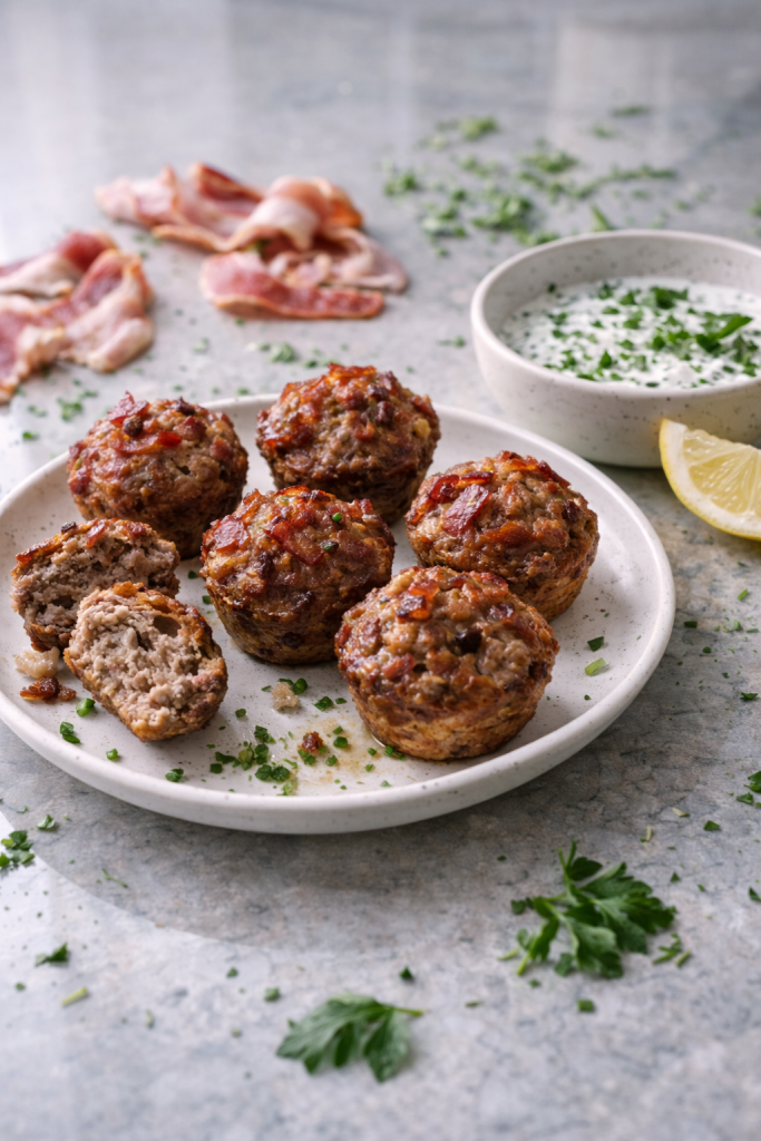 Savory meat muffins with bacon served with a simple herb yogurt sauce