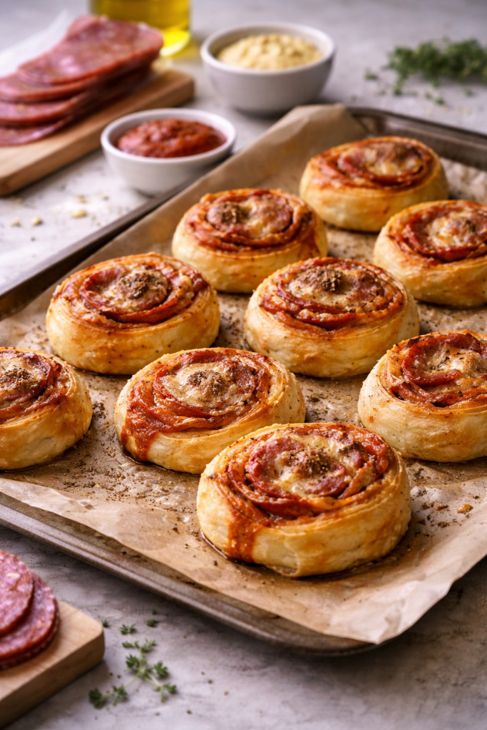 Savory baked salami rolls with tomato sauce on a baking tray, photographed in natural daylight
