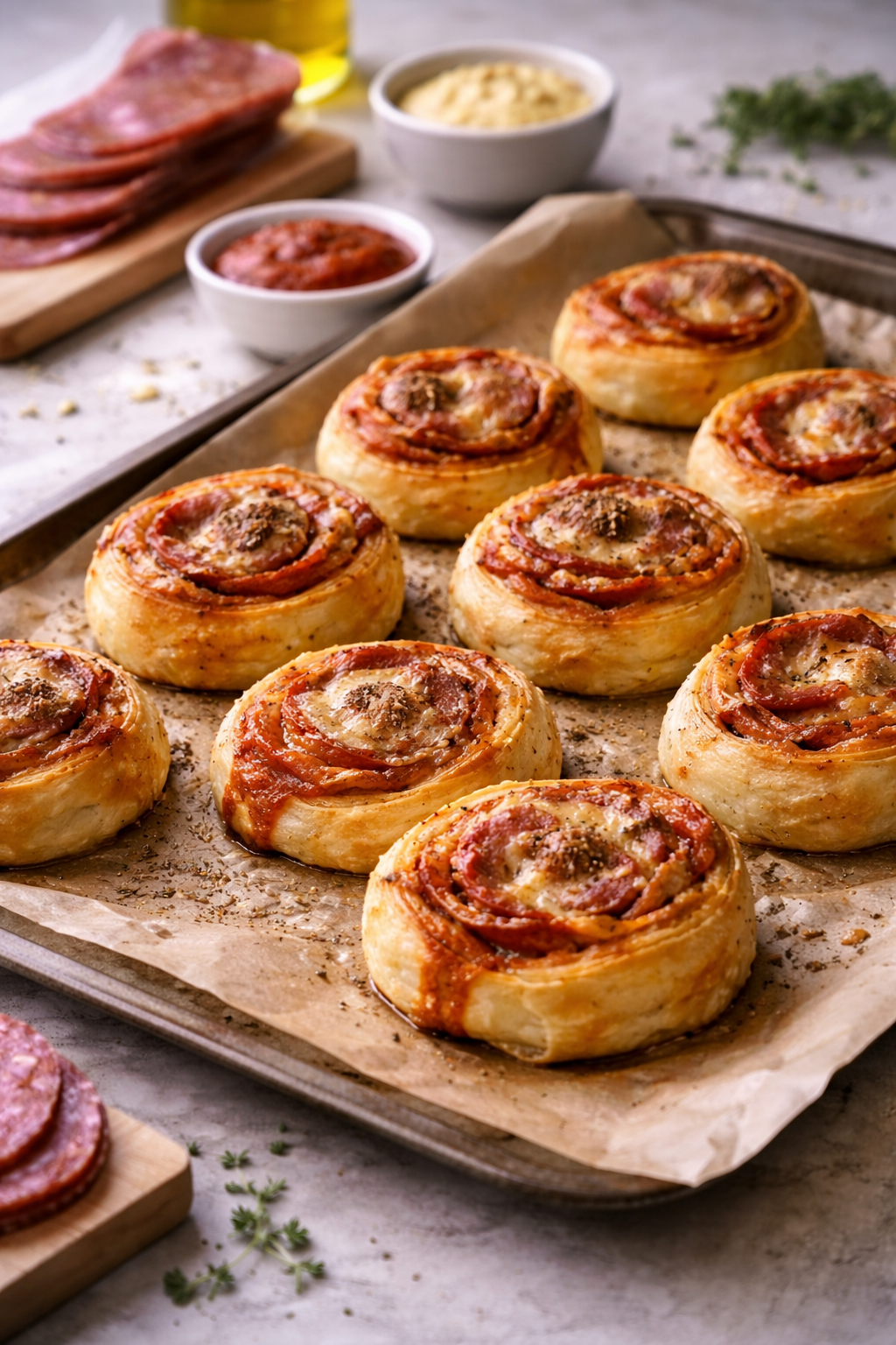 Savory baked salami rolls with tomato sauce on a baking tray, photographed in natural daylight