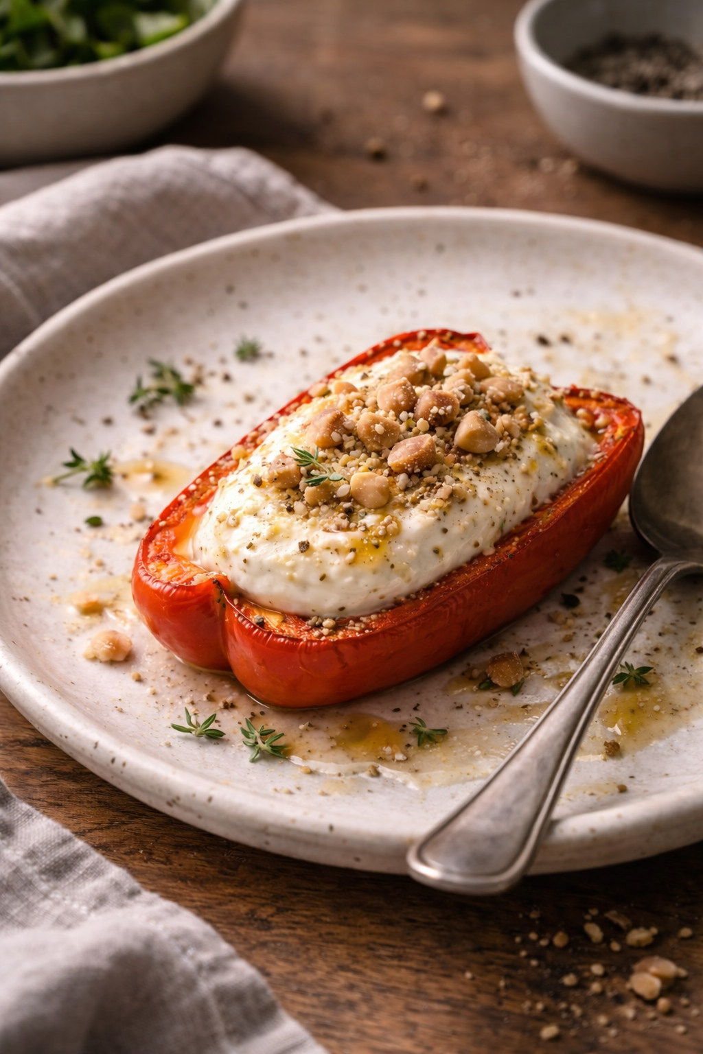 Semi-sweet baked peppers with cream cheese served as an easy, light brunch dish.