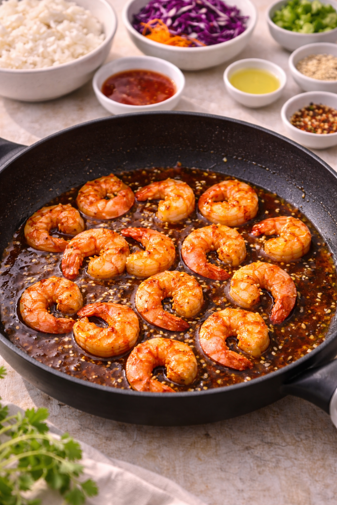 shrimp cooking in a skillet with sweet chili sauce while preparing a shrimp poke bowl