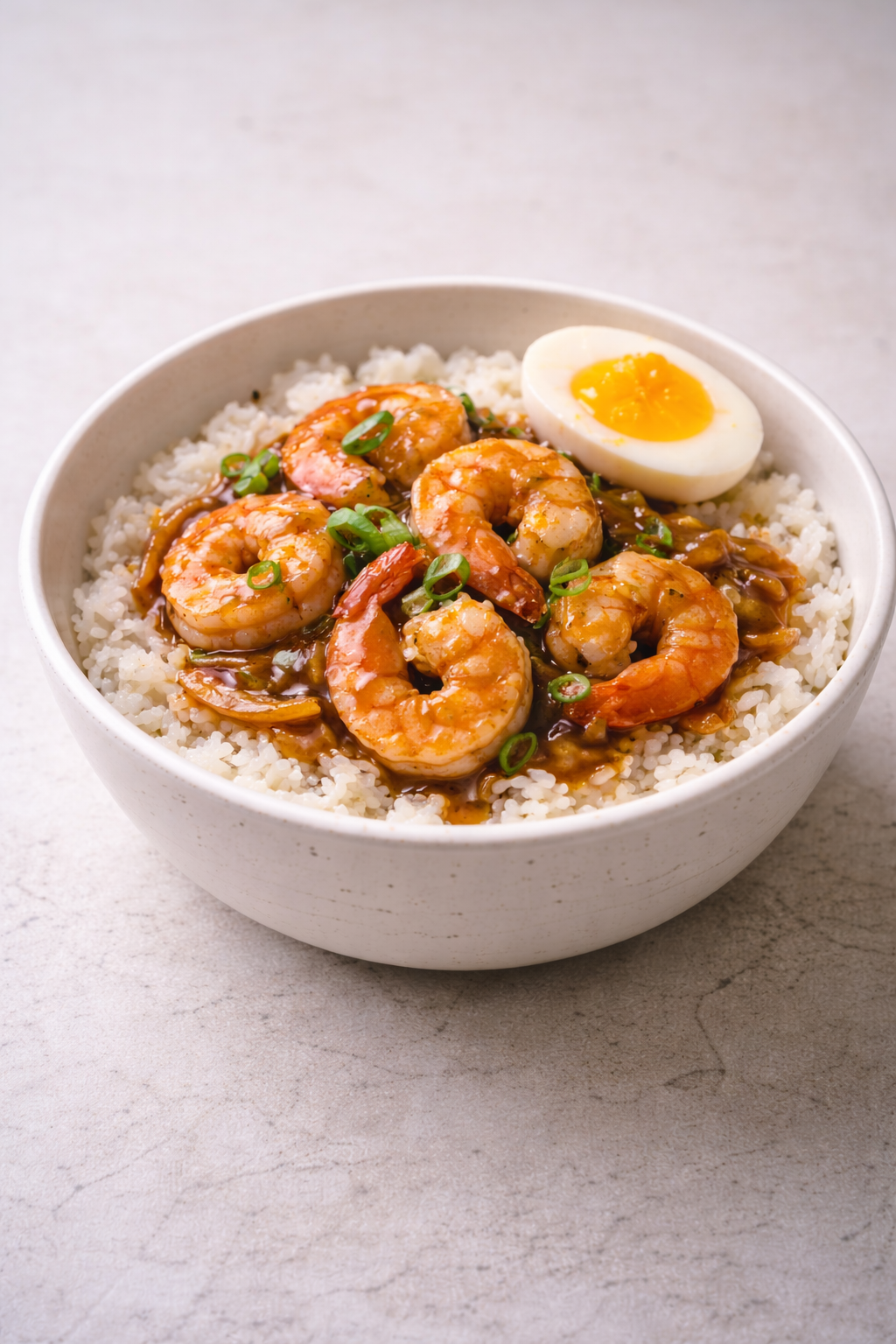 Shrimp donburi bowl with rice and glazed shrimp served in a simple bowl