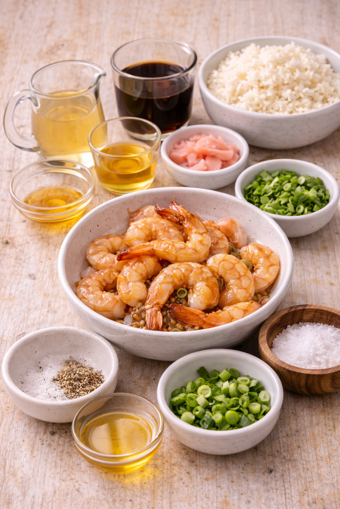 ingredients for shrimp donburi including shrimp, rice, soy sauce, mirin, sesame seeds and spring onions on a wooden table