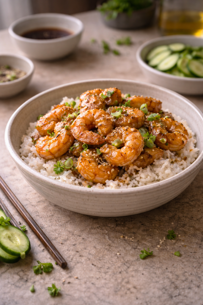 Shrimp donburi bowl with rice, glazed shrimp, and simple toppings, photographed in natural daylight.