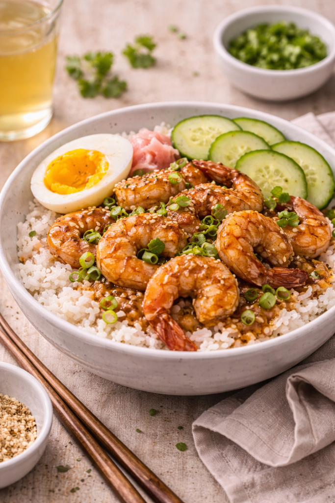 shrimp donburi rice bowl with soy glaze and sesame seeds