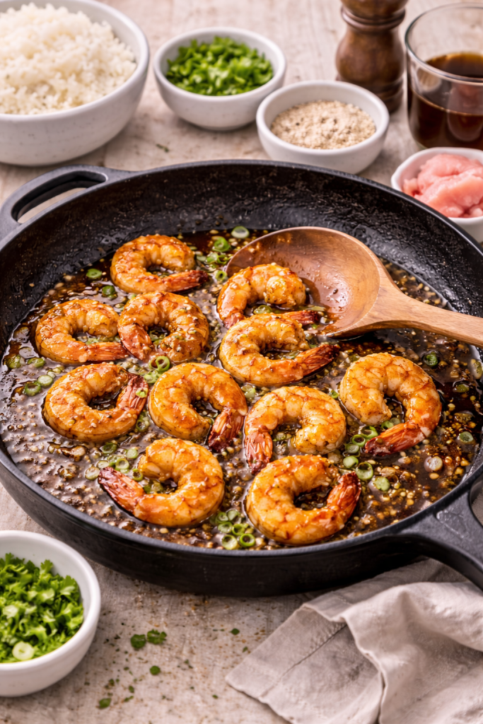 shrimp cooking in a soy based pan sauce while preparing shrimp donburi rice bowl