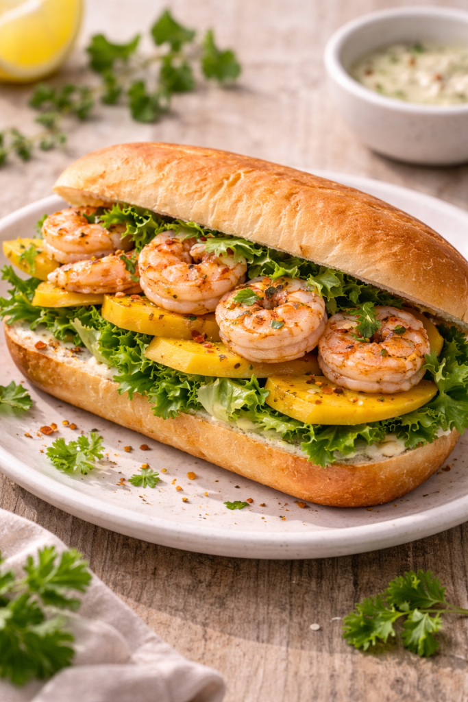 shrimp and mango sandwich with lettuce and citrus sauce
