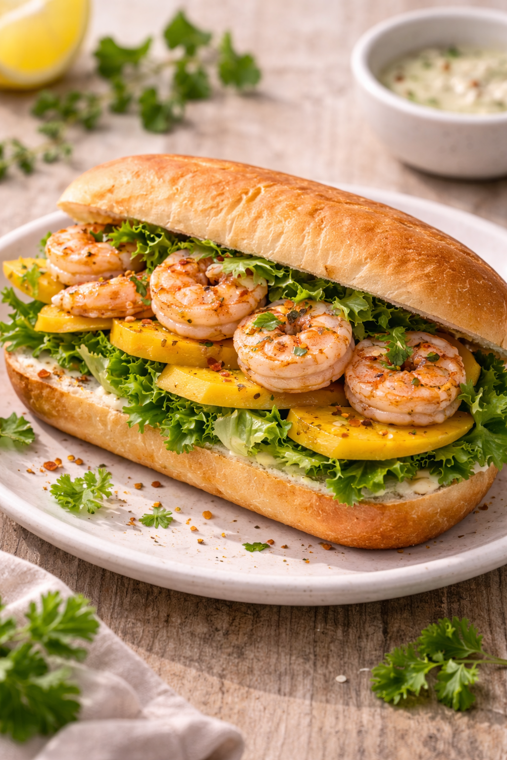 shrimp and mango sandwich with lettuce and citrus sauce