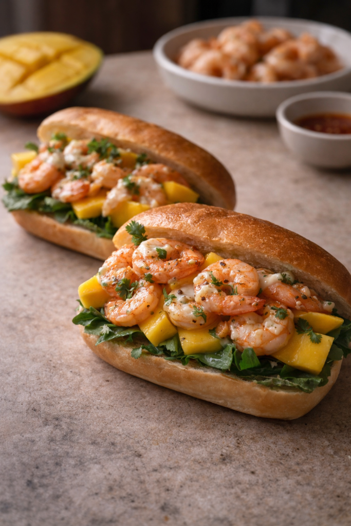 Shrimp and mango sandwich with lettuce and creamy sauce served on bread in natural daylight.