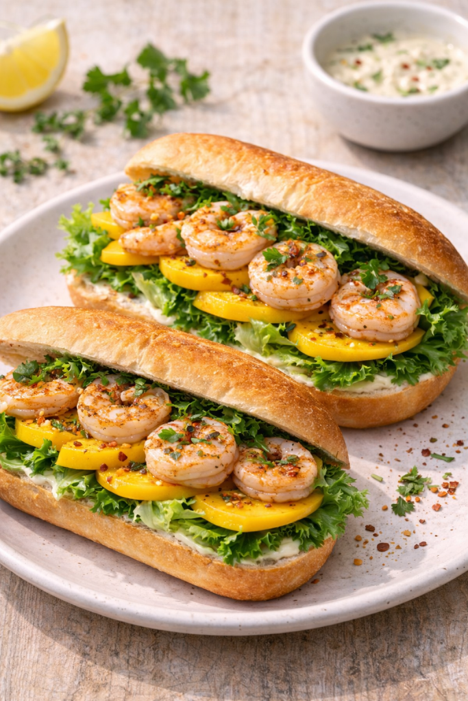shrimp and mango sandwiches being assembled with lettuce and sauce on toasted rolls
