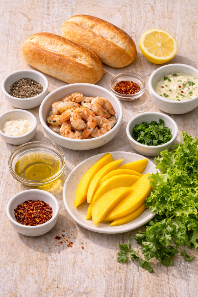 ingredients for shrimp mango sandwich including shrimp, mango slices, sandwich rolls, lettuce, mayonnaise and lemon on a wooden table