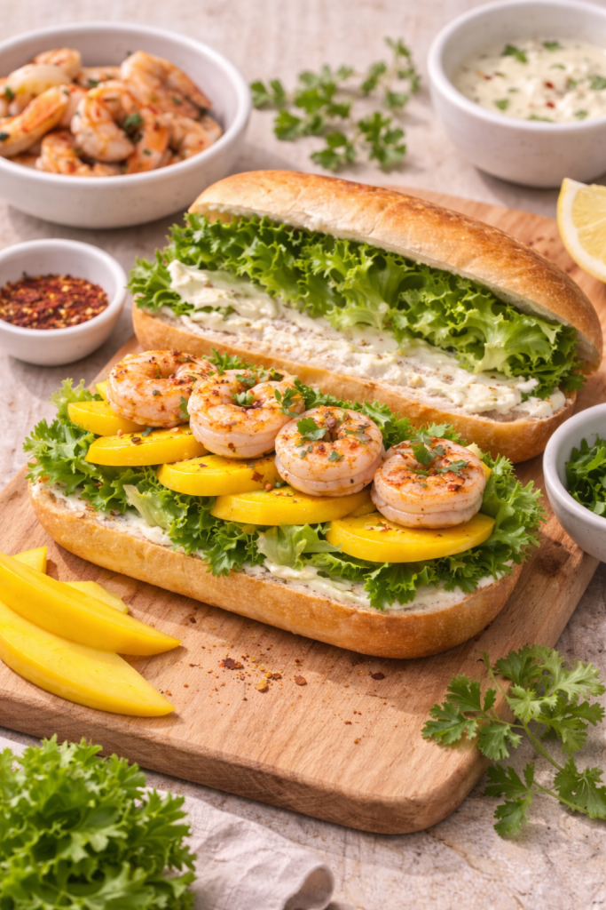 open sandwich rolls with shrimp mango lettuce and sauce during assembly of shrimp mango sandwich