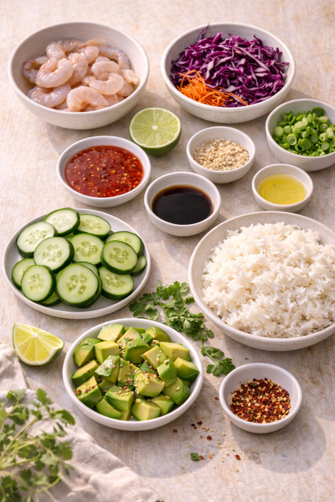 ingredients for shrimp poke bowl including shrimp, rice, avocado, cucumber, cabbage, sweet chili sauce and sesame seeds on a wooden table