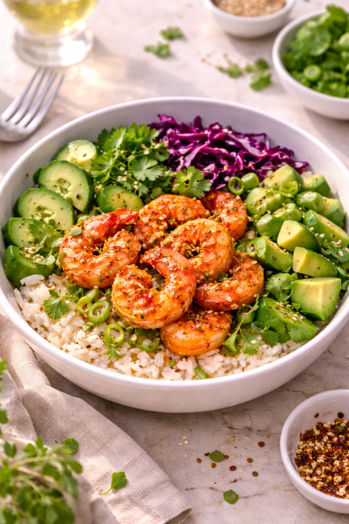 shrimp poke bowl with sweet chili shrimp and fresh vegetables