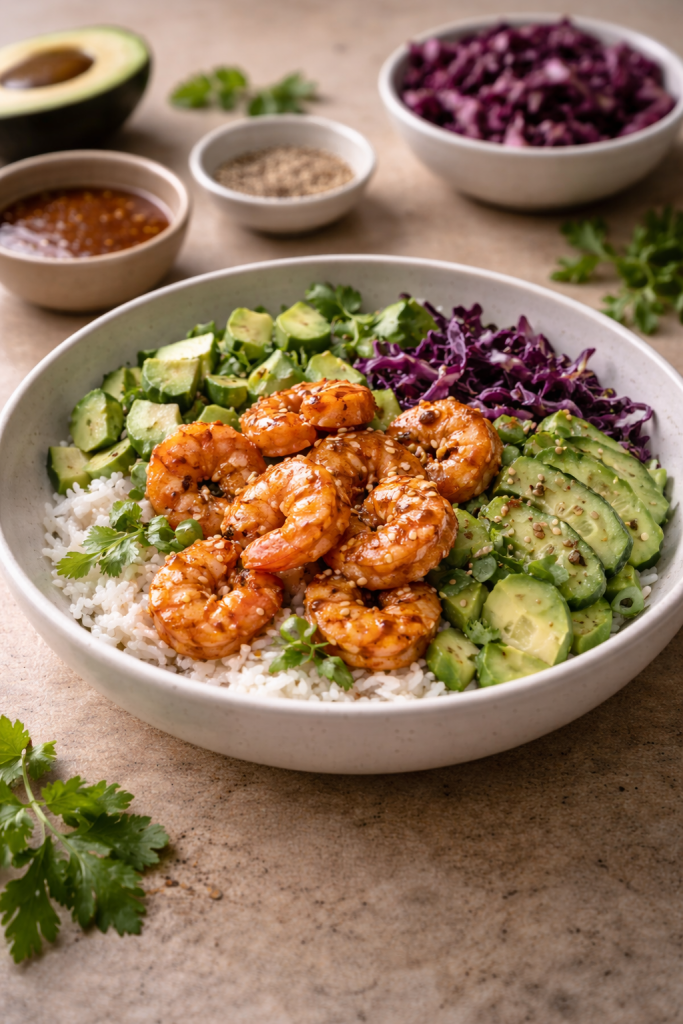 Shrimp poke bowl with sweet chili sauce, rice, avocado, cucumber, and fresh vegetables in natural daylight.