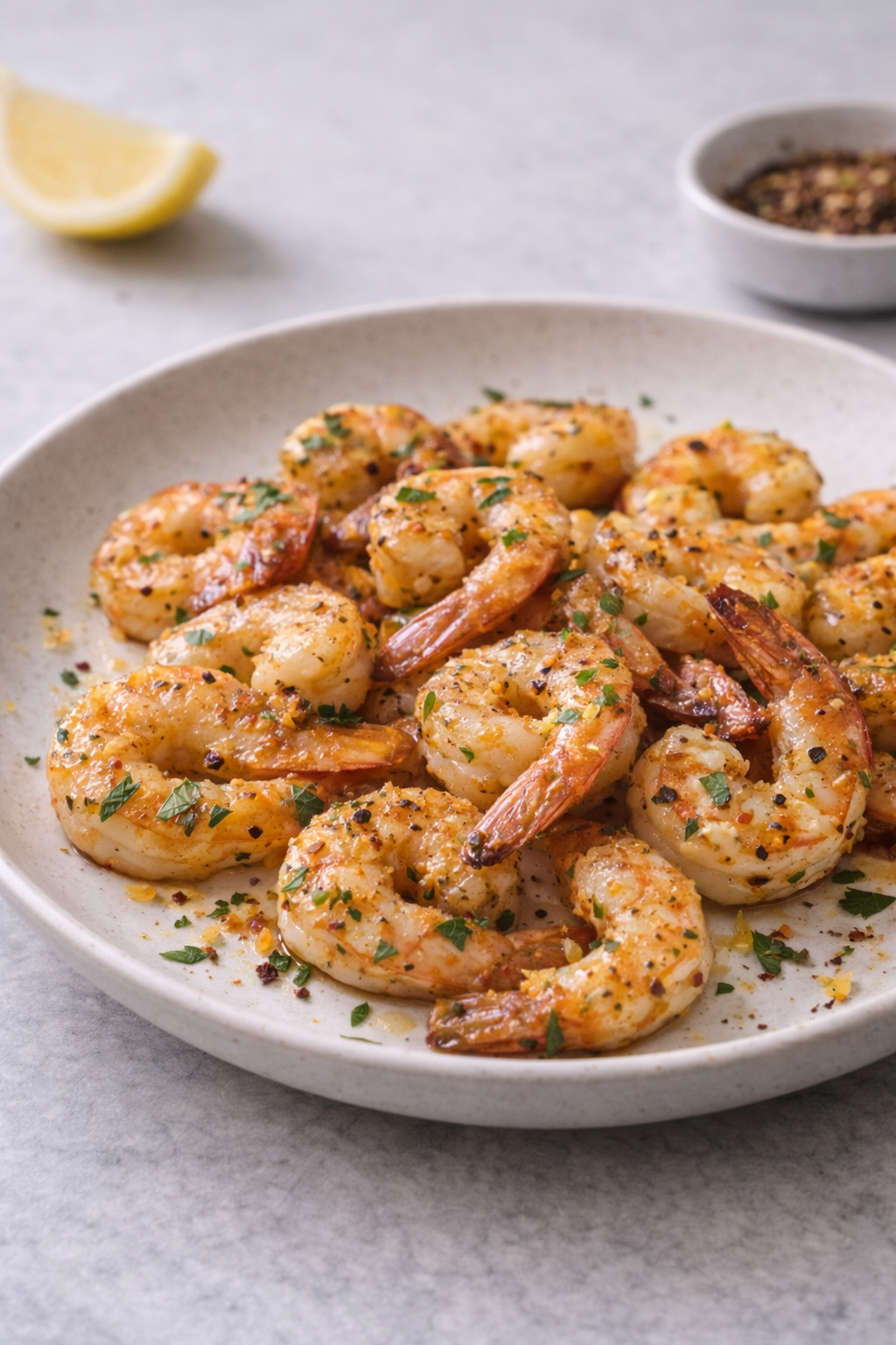 Air fryer shrimp seasoned with garlic and lemon, served warm