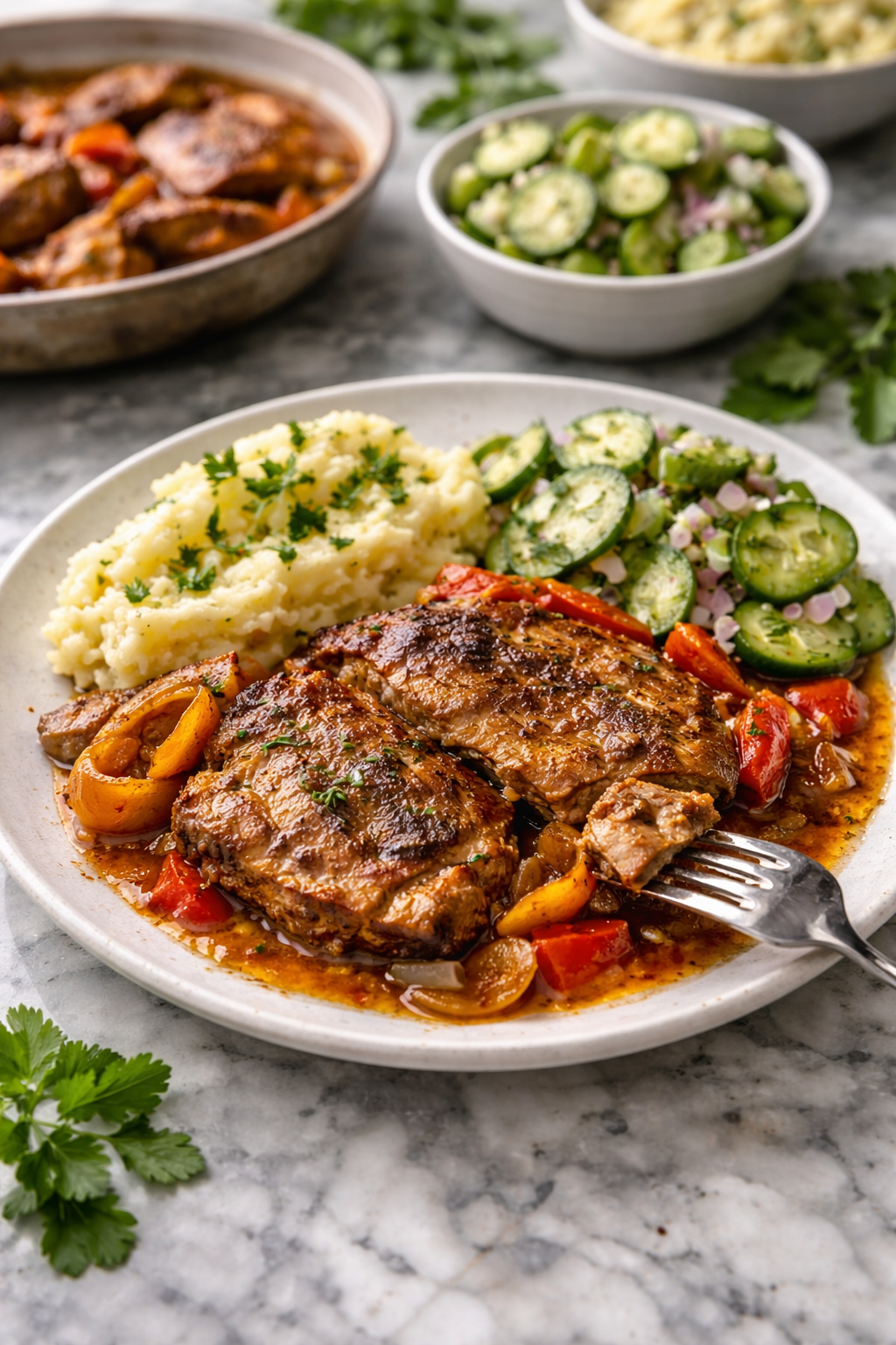 Tender braised pork neck slices in a pepper and onion sauce