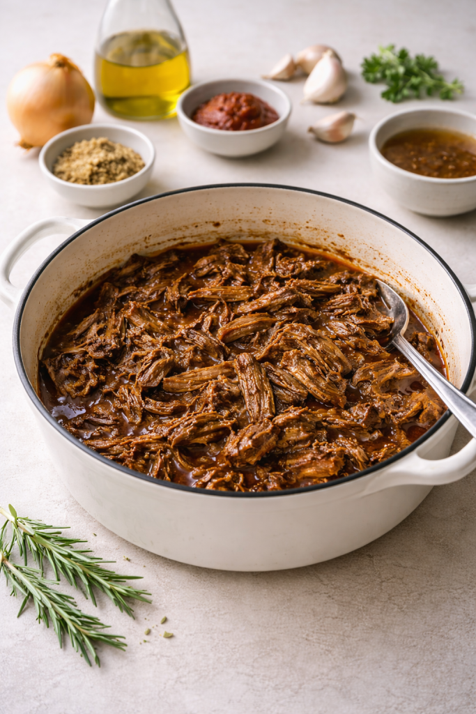 Slow-cooked pulled beef shredded in a pot, rich and saucy, photographed in natural kitchen light