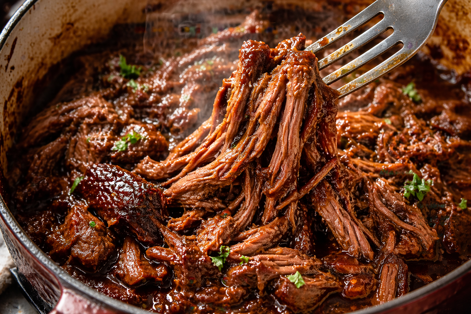 slow cooked pulled beef being shredded with a fork showing juicy tender strands in sauce