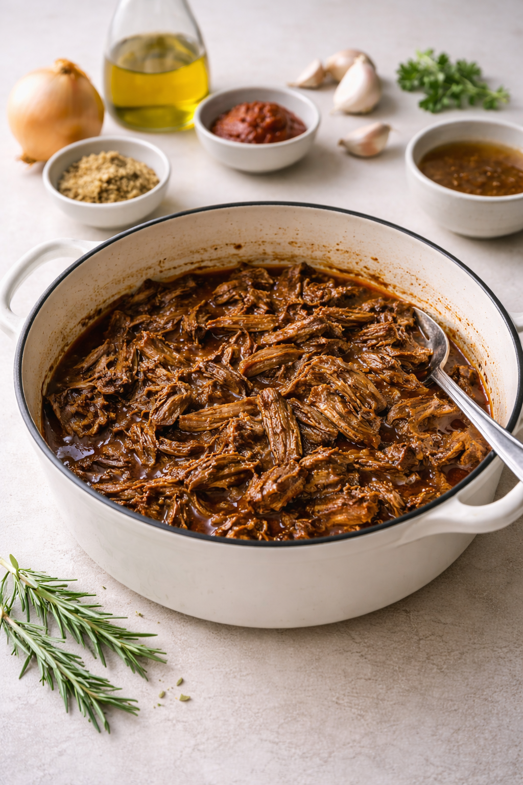 Slow-cooked pulled beef shredded in a pot, rich and saucy, photographed in natural kitchen light