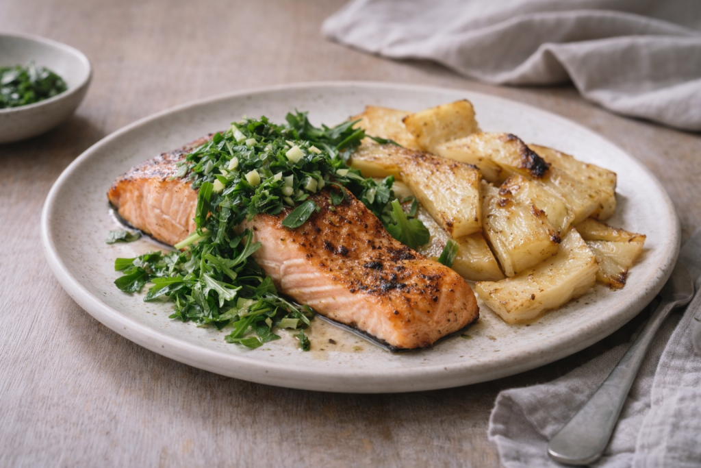 Smoked grilled salmon served with arugula salsa and roasted celery root on a ceramic plate