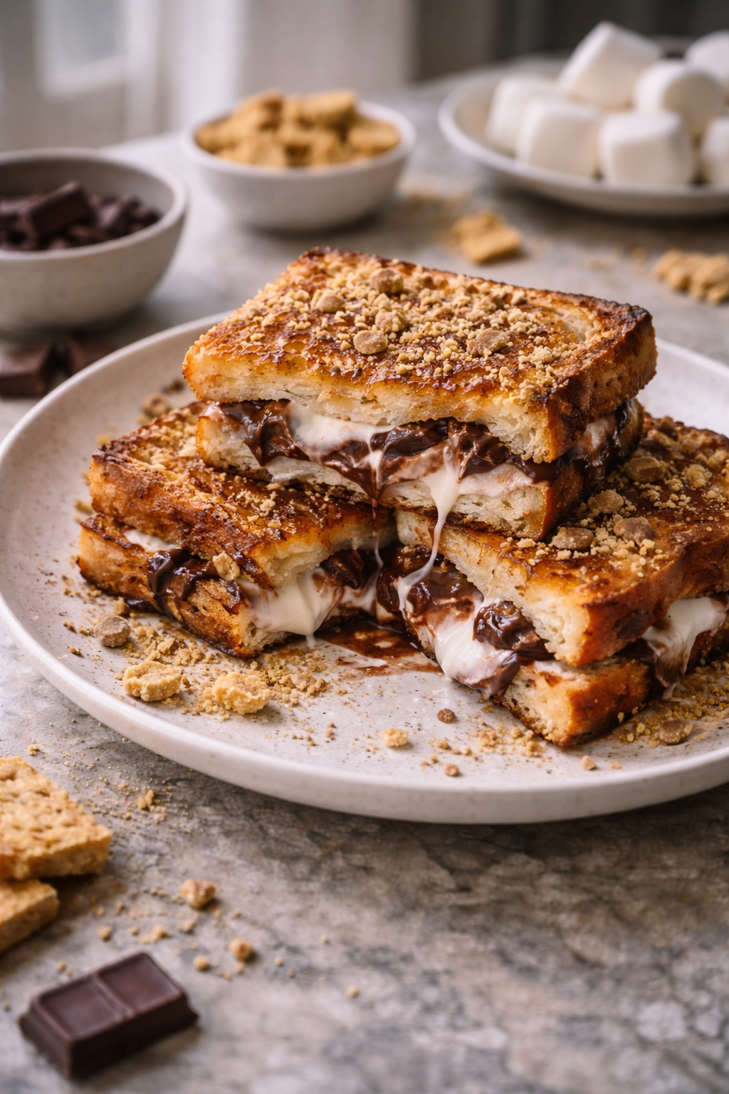 Stuffed French toast with melted chocolate and marshmallow filling, served warm with visible crispy edges and soft center.