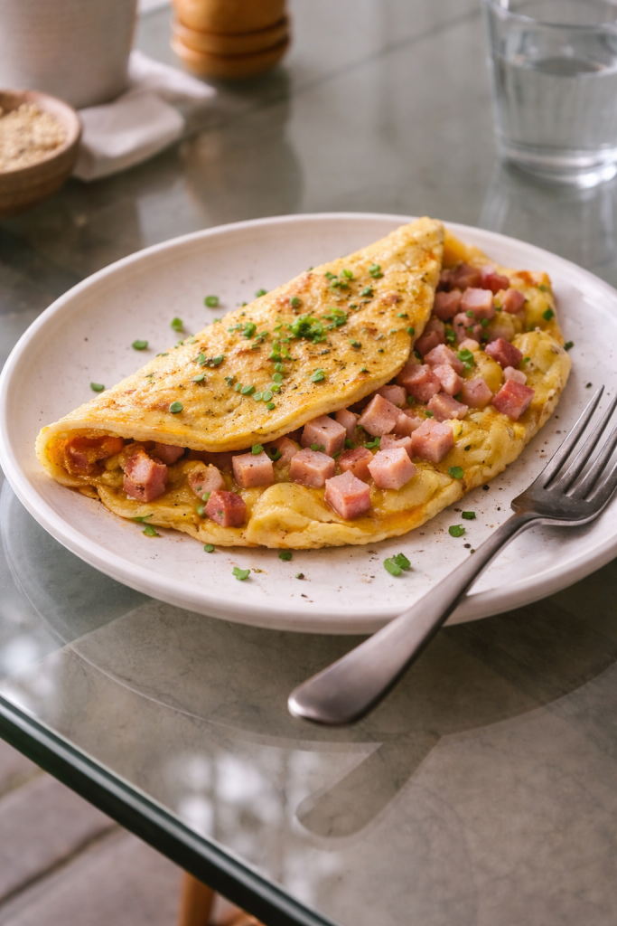 Soft omelette filled with ham served on a plate, photographed in natural daylight with visible tender texture.