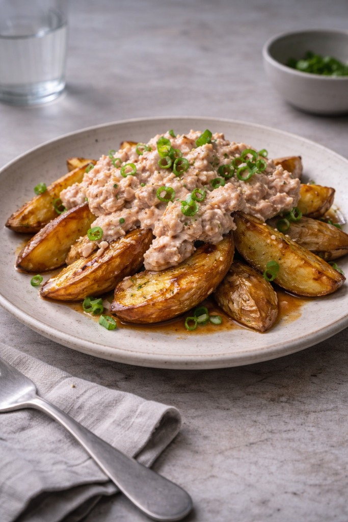 Soy-roasted potatoes topped with spicy tuna mayo served on a ceramic plate in a home kitchen