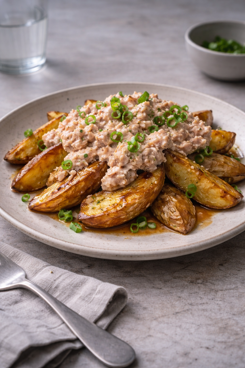Soy-roasted potatoes topped with spicy tuna mayo served on a ceramic plate in a home kitchen