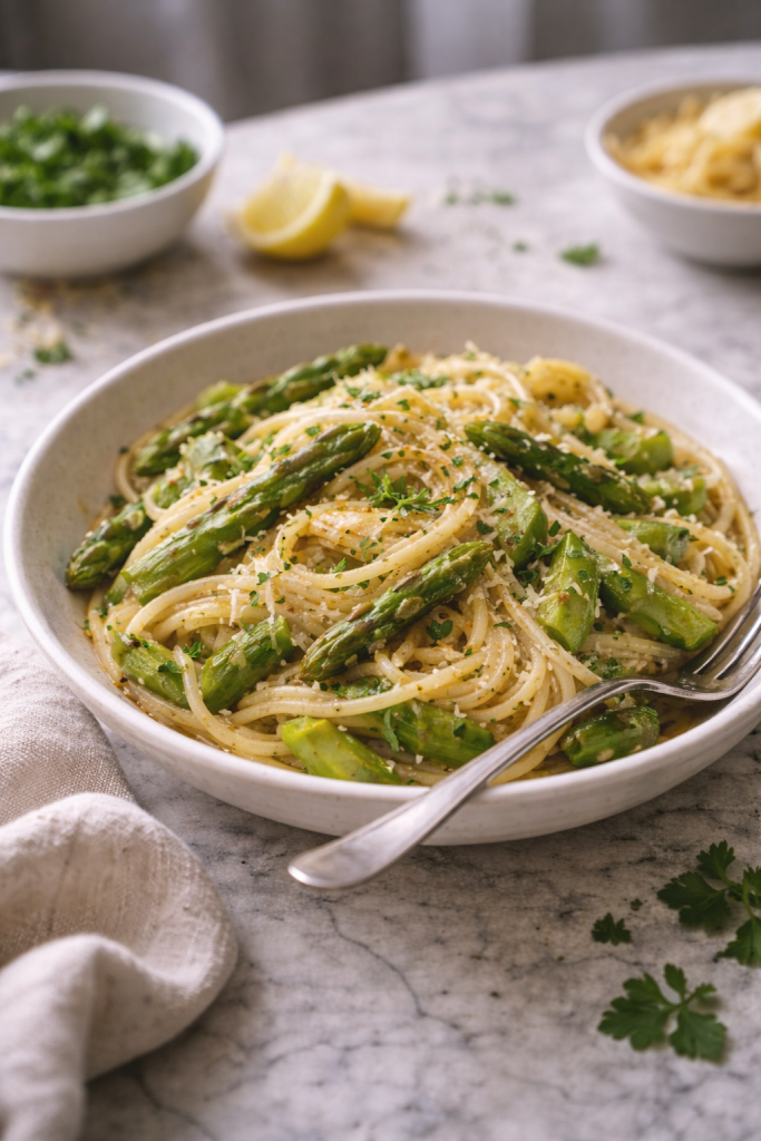 Light spaghetti with asparagus in a lemon olive oil sauce