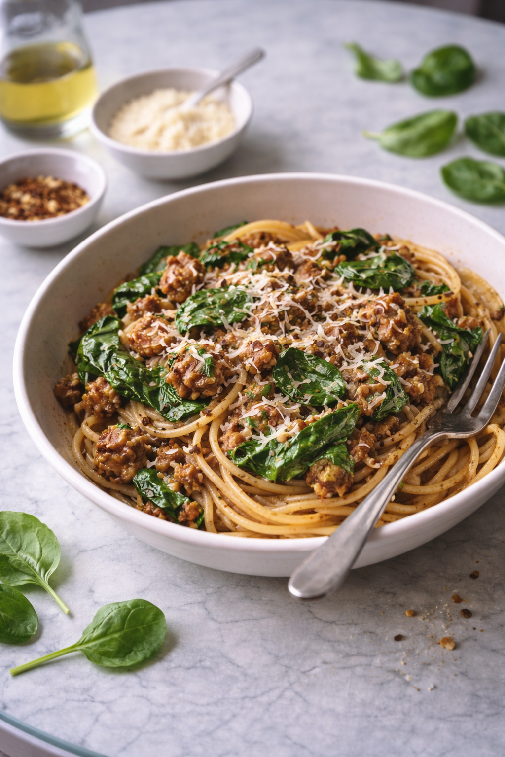 Spaghetti with rich meat sauce and fresh spinach served in a simple bowl