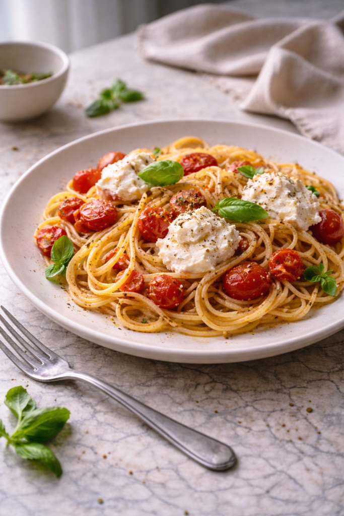 Spaghetti with tomatoes and creamy ricotta served simply on a plate in natural daylight.