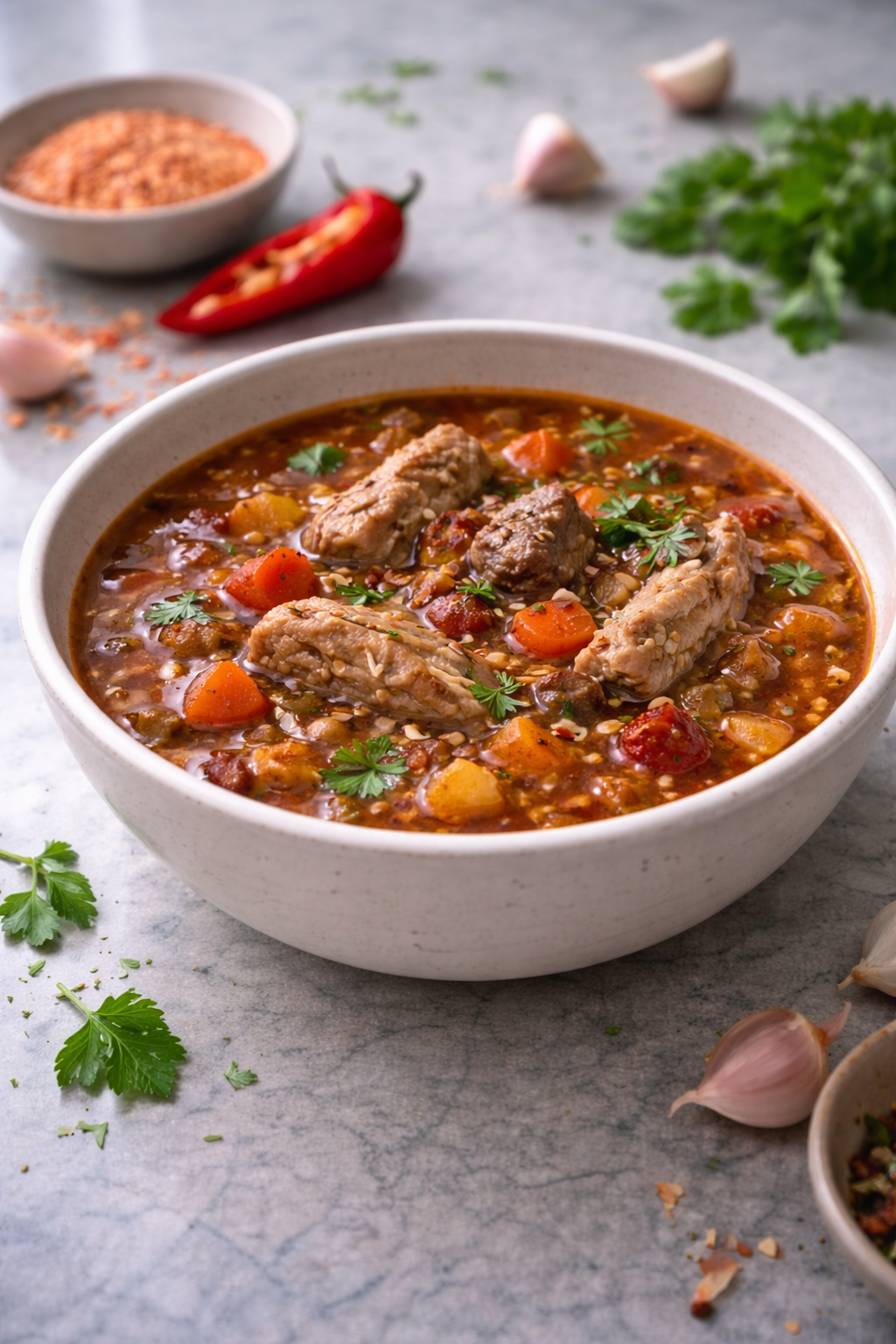 Spicy lentil soup with tender rabbit pieces served in a rustic bowl
