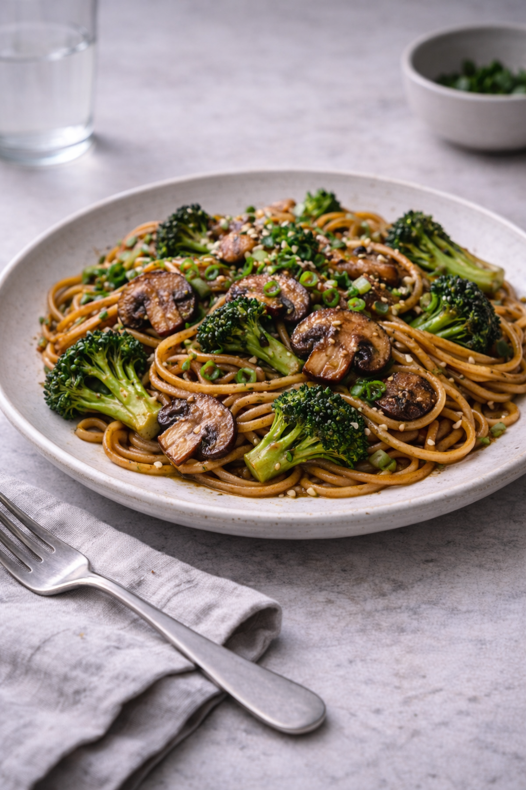 Spicy mushroom and broccoli noodles for a quick meatless weeknight dinner